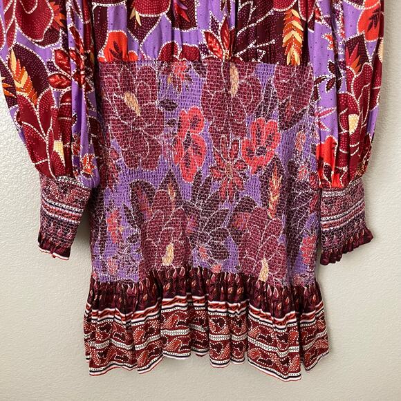Farm Rio Dress Womens Large Purple Sweet Floral Mini Smocked Puff Sleeve‎ Boho - Picture 7 of 15